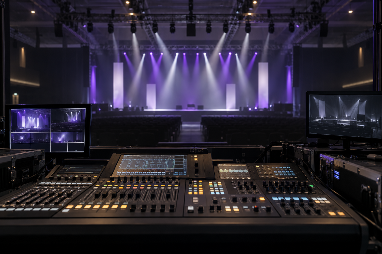 Illustrative broadcast control desk overlooking a stage lit in purple